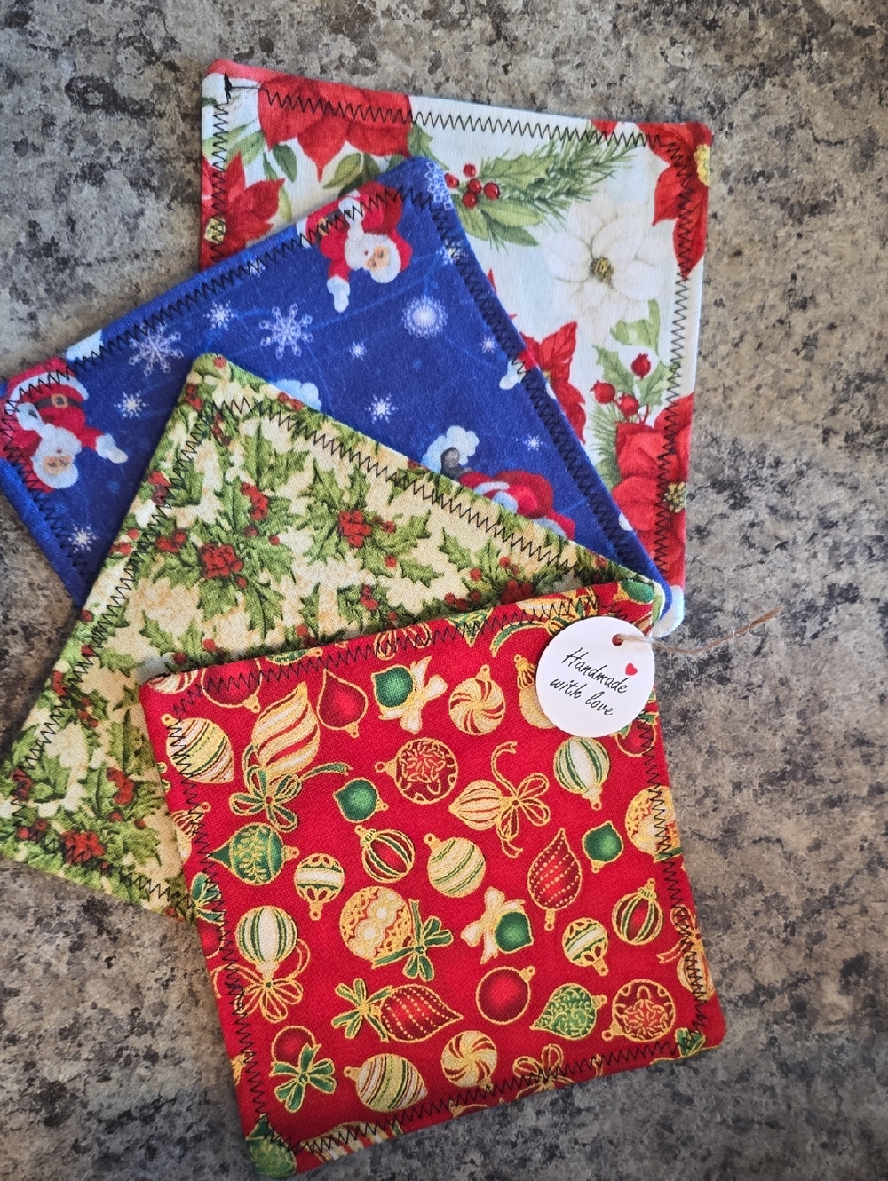 Set of 4 Holiday Fabric Coasters - Red, Green, Blue, Cream Newfoundland Made